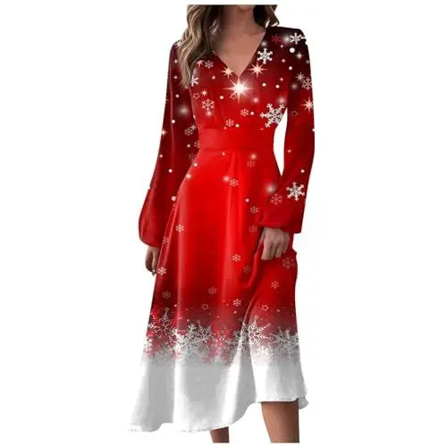 Produktbild: XIADUOBAAN Weihnachtskleid Damen Lustig mit V Ausschnitt, Langarm Festliche Weihnachts Kleider für Frauen, Weihnachtsfeier Kleid Weihnachten Elegant Lustige Weihnachtskleider mit Motiv