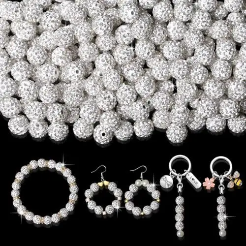 Produktbild: XIANNVXI 10mm Strass Perlen Weiß Glitzerperlen zum Auffädeln Weiße Perlen Perlenset für Armbänder Ohrringe Kette DIY Schmuckherstellung (100 Stück)