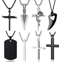 Produktbild: XIANNVXI 8Pcs Kette Herren Set Ketten für Herren Kreuz Halskette Männer Schwarz Silber Edelstahl Kette Halskette Wikinger Wolfszahn Cool Ketten Männer Schmuck 16-24
