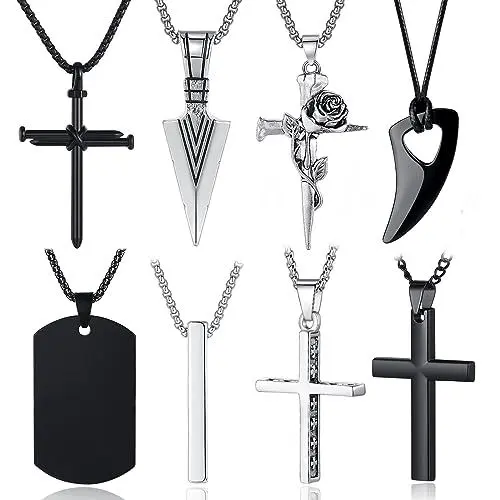 Produktbild: XIANNVXI 8Pcs Kette Herren Set Ketten für Herren Kreuz Halskette Männer Schwarz Silber Edelstahl Kette Halskette Wikinger Wolfszahn Cool Ketten Männer Schmuck 16-24