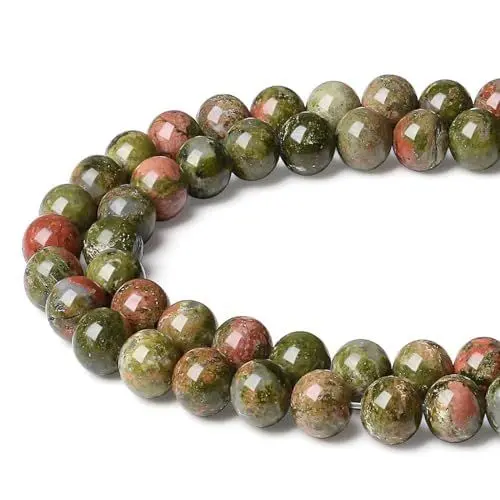 Produktbild: XIANNVXI 8mm Naturstein Unakit Perlen zum Auffädeln mit Loch Runde Kristalle Edelsteine zum Auffädeln Perlen für Armbänder Ketten DIY Schmuck Basteln (ca. 47 Stück)