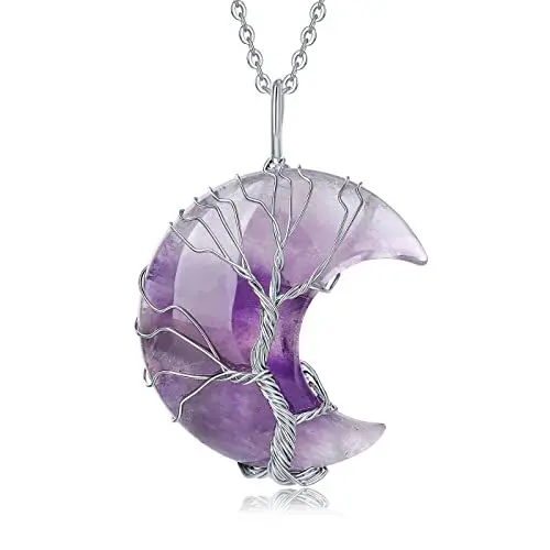 Produktbild: XIANNVXI Amethyst Halskette Damen Silber Kette Kristalle Mondsichel Ketten Anhänger Kristall Kette Baum des Lebens Natürliche Energie Edelsteine Schmuck Frauen Geschenk
