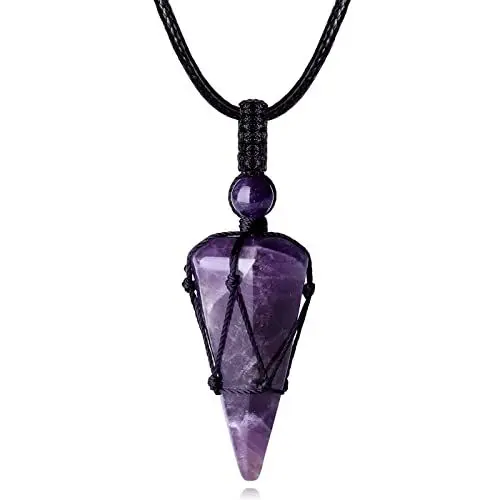 Produktbild: XIANNVXI Amethyst Kette Herren Sechseckiger Kristalle Anhänger Ketten Polierte Edelsteine Einstellbare Schwarzes Lederseil Reiki Steine Halskette Damen Schmuck Papa Geschenke für Männer