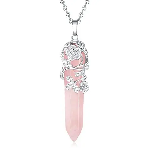 Produktbild: XIANNVXI Blume Rose Anhänger Halskette für Frauen Rosenquarz Punkt Mutter Heilung Kristall Stein Halsketten Spirituellen Natürlichen Reiki Schmuck Ggeschenk Mama