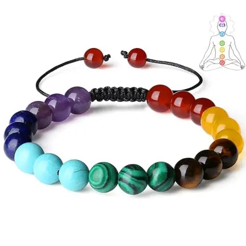 Produktbild: XIANNVXI Chakra Armband Damen Herren Kristalle Bunte Armband Edelsteine Heilsteine Armbänder Rosa Perlenarmband Natürliche Heilung Perlen Stein Geflochtenen Seil Yoga Reiki