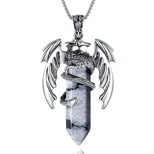 Produktbild: XIANNVXI Drachen Kette Herren ketten für Herren Kristalle Edelsteine Anhänger Sechseckiger Edelstahl Silber Herren Halsketten Spiritueller Schmuck Geschenk（Schneeflockenobsidian）