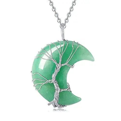 Produktbild: XIANNVXI Grüner Aventurin Halskette Damen Silber Kette Kristalle Mondsichel Ketten Anhänger Kristall Kette Baum des Lebens Natürliche Energie Edelsteine Schmuck Frauen Geschenk