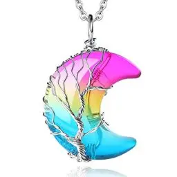 Produktbild: XIANNVXI Halskette Damen Silber Kette Kristalle 7 Chakra Mondsichel Ketten Anhänger Kristall Kette Baum des Lebens Natürliche Energie Edelsteine Schmuck Frauen Geschenk