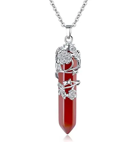 Produktbild: XIANNVXI Heilung Kristall Stein Halsketten natürliche Reiki Karneol Kristall Punkt Blume Gewickelt Anhänger Halskette spirituelle Edelstein Quarz Schmuck für Frauen Mädchen