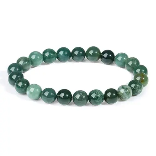Produktbild: XIANNVXI Moosachat Armband 8mm Perlen Grüner Perlenarmband Kristalle Armband Echte Moosachat Stein Armbänder Damen Geschenk für Mama