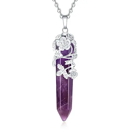 Produktbild: XIANNVXI Natürlichen Amethyst Kristall Punkt Anhänger Halskette Reiki Heilung Kristalle Stein Halsketten Edelstein Quarz Blume Gewickelt Schmuck für Frauen Mädchen