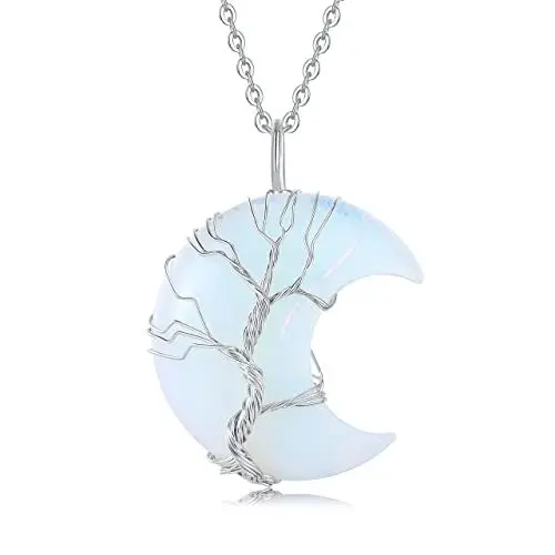 Produktbild: XIANNVXI Opal Halskette Damen Silber Kette Kristalle Mondsichel Ketten Anhänger Kristall Kette Baum des Lebens Natürliche Energie Edelsteine Schmuck Frauen Geschenk