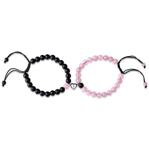 Produktbild: XIANNVXI Partnerarmbänder Pärchen Armband Perlen Partner Armbänder Kristalle Geschenke für Frauen Männer Herz Matching Bracelets Einstellbar Geflochtene Schnur（Lava Rock & Rosenquarz）