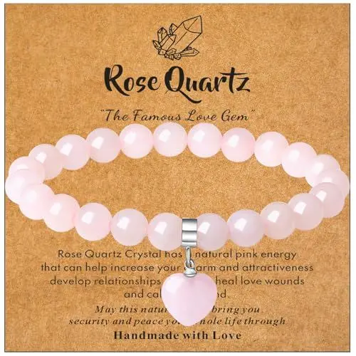Produktbild: XIANNVXI Herz Rosenquarz Armband Damen Herz Perlen 8mm Rosenquarz Stein Armband Heilsteine Rosa Edelstein Armbänder Glücksarmband Valentinstag Schmuck Freundin Geschenke