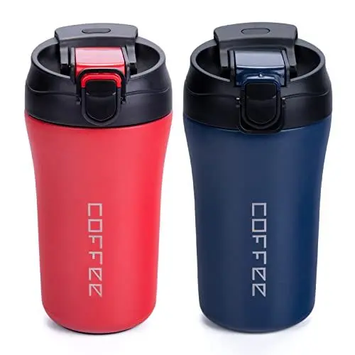 Produktbild: XIAPIA Thermobecher Kaffeebecher To Go 400ml 2er Set, Edelstahl Auslaufsicher Reisebecher mit Strohhalm, Doppelwandig Isolierbecher für Kaffee Tee Glühwein, Heiß und Kalt, Rot & Blau