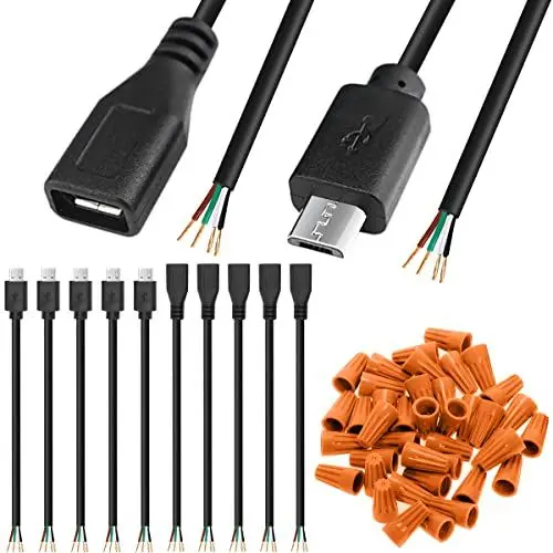 Produktbild: Xiatiaosann Kabel USB 2.0 Micro Stecker Buchse auf 4-Pin Kabelenden, USB 2.0-Anschluss auf 4-Draht-Netzteil-Verlängerungskabel Ladekabel Anschluss für Arduino, Micro USB männlich weiblich, 10 Stück