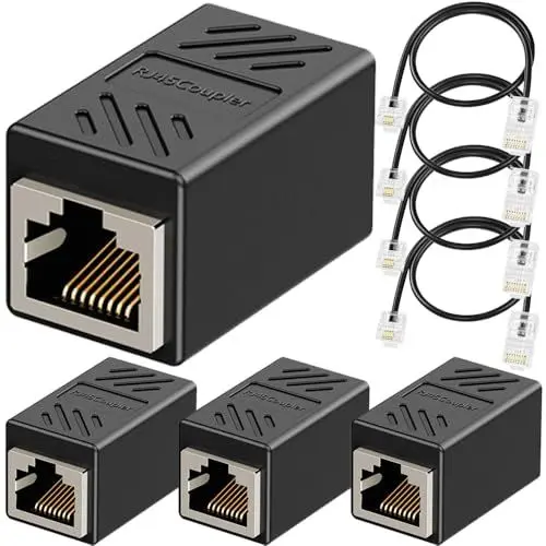 Produktbild: Xiatiaosann Telefonbuchse zu Ethernet Adapter Stecker, RJ11 6P4C Stecker zu RJ45 8P8C Buchse Adapter, Telefonbuchse zu Ethernet Kabel für Lanline, Fax, DSL (4Pack, Schwarz)