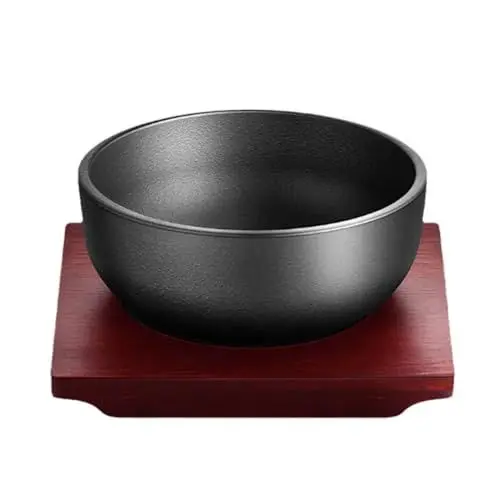 Produktbild: XICHENGSHIDAI Dickes Gusseisen Kessel, Dolsot Bibimbap Schüssel mit Holzboden, 700ml/900ml/1400ml von Suppe Reis Eintopf Schalen auf Induktion oder Ofen - 900ml