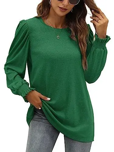 Produktbild: XIEERDUO Damen Pullover Herbst Oberteile Langarm Sweatshirt Puffärmel Grün Shirts Elegant Langarmshirts Long Longsleeve XL