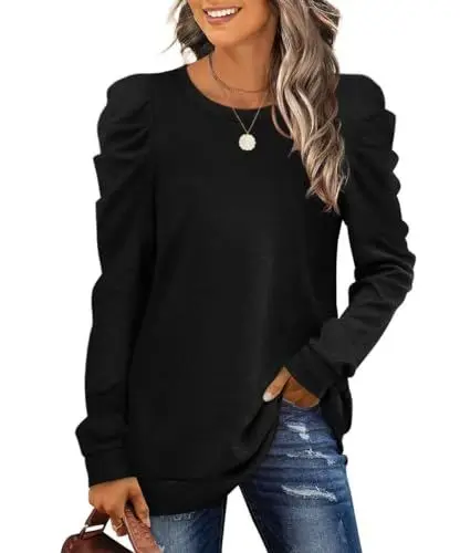 Produktbild: XIEERDUO Damen Pullover Oversize Herbst Sweatshirt Puffärmel Elegant Langarmshirt Winter Oberteile Schwarz XL