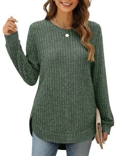 Produktbild: XIEERDUO Pullover Damen Strickpullover Sweatshirt Langarmshirt Herbst Winter Tunika Tshirt Elegant Oberteile Top Grün L