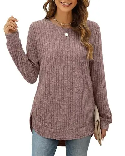 Produktbild: XIEERDUO Pullover Damen Strickpullover Sweatshirt Langarmshirt Herbst Winter Tunika Tshirt Elegant Oberteile Top Rosenbraun M