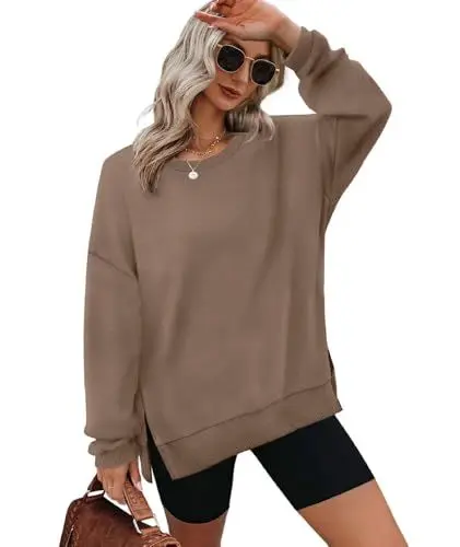 Produktbild: XIEERDUO Sweatshirt Damen ohne Kapuze Rundhals T Shirt Damen Oversized Langarmshirt Damen Top Herbst Winter Oberteile Damen Elegant Braun L