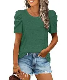 Produktbild: XIEERDUO Top Damen Puffärmel T Shirt Damen Elegant Oversized Oberteile Rundhals Ausschnitt Grün L