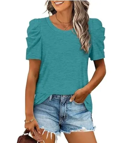 Produktbild: XIEERDUO Top Damen Puffärmel T Shirt Damen Elegant Oversized Oberteile Rundhals Ausschnitt Türkis M