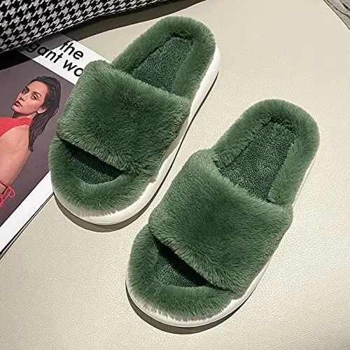 Produktbild: XIEHC Pantoffeln mit Rutschfester Sohle, Dickes unteres Fell, weiches Fell, halb Baumwolle, trägt rote Netzpantoffeln, grün, 39-40,rutschfeste Cartoon Geschlossen House Slippers
