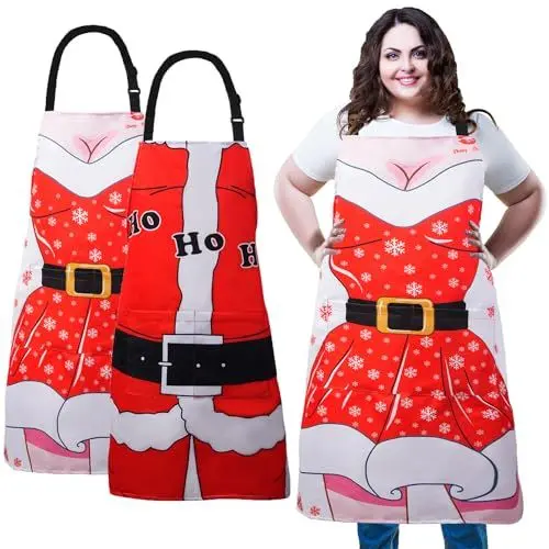 Produktbild: XIEJINJIA 2 Stücke Weihnachten Verstellbare Schürzen Anime Frau Ehemann Lustige Flirty Geschenk Lange Krawatten mit 2 Taschen Chef BBQ Kochen Weihnachtsfeier Supplies für Männer Frauen