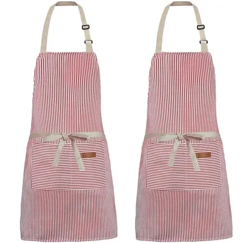 Produktbild: XIEJINJIA 2er-Pack Verstellbare Schürze mit Taschen Küche Restaurant Kochen Backen Garten für Frauen Männer Rosa Nadelstreifen