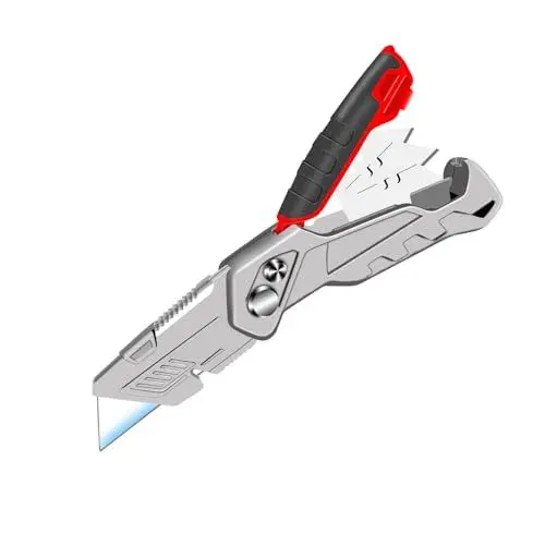 Produktbild: XIKAYA Klappbares Universalmesser | Cuttermesser Profi & Teppichmesser Profi | 5 Trapezklingen + Aufbewahrung | Falter aus Aluminiumlegierung für Maximale Lebensdauer | Für Kartons, Schachteln & mehr