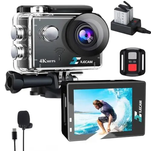 Produktbild: Xilecam Action Cam 4K WiFi/2,4G Fernbedienung 2 * 1350mAh Akku wasserdichte Kamera Unterwasser 131FT 4*Zoom Unterwasserkamera und Multifunktionales Zubehör (X8000Pro)