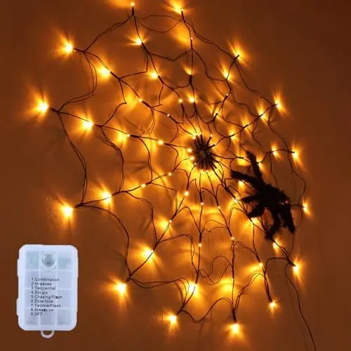 Produktbild: Xinlie 70 LEDs Spinnennetz Licht mit 8 Lichtmodi 1.3M Halloween Deko Lichterkette LED Spinnennetz Licht Wasserdicht Schwarzes Spinnennetz Licht für Party Garten Fenster Innen Außen Dekoration