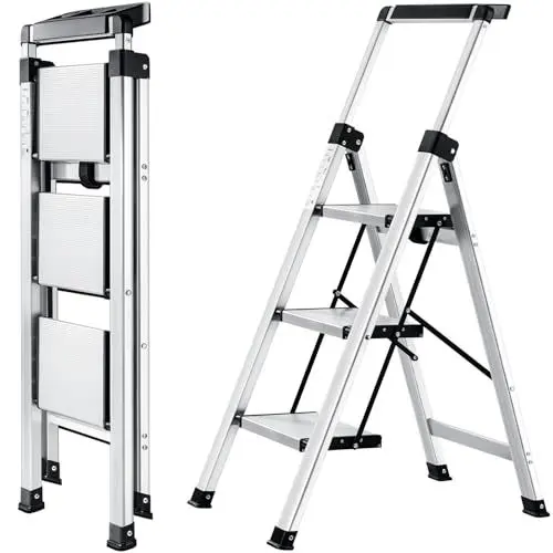 Produktbild: XinSunho Stufenleiter, Klapptritt 3 Stufen mit Ausziehbarem Handlauf, Aluminium Tritthocker, rutschfeste Tragbare Leiter für Haus und Büro, Belastbar bis 150 kg