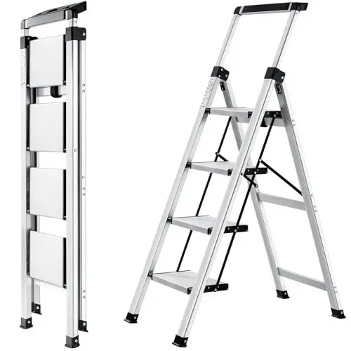 Produktbild: XinSunho Stufenleiter, Klapptritt 4 Stufen mit Ausziehbarem Handlauf, Aluminium Tritthocker, rutschfeste Tragbare Leiter für Haus und Büro, Belastbar bis 150 kg