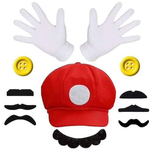 Produktbild: XINSUO Super Bros Mütze,Super Mützen,Weißer Handschuh,Roter Erwachsenerhut,mit Kappen Schnurrbärte Handschuhe Knöpfe,fur Verkleidung Karneval Halloween Weihnachten