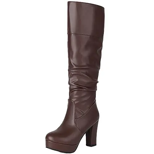 Produktbild: XINXINIO Damen Lässige kniehohe Stiefel mit Blockabsatz und Falten (Braun,39)