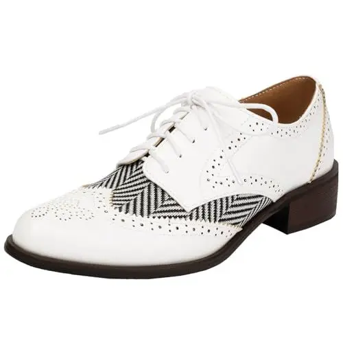 Produktbild: XINXINIO Kontrastierende Brogues Oxfords mit Mittlerem Blockabsatz und Schnürpumps für Damen (Weiß,40)