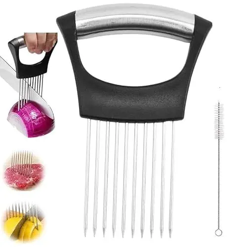 Produktbild: XINYOUZEFA Zwiebelschneider, Zwiebelhalter, Gemüsehobel Gemüse, Neuer Zwiebelscheibenhalter aus Edelstahl, mit Pinsel, Tomate, Zwiebel Zitrone Gemüse Schnitthilfe Slicing Cutter Sicher Gabel