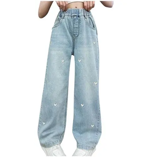 Produktbild: XINYUNZU Baggy Jeans Mädchen Weites Bein Jeanshose mit Gummizug Wide Leg Outdoorhose Breite Hose High Waist Freizeithose Pants Girls Mode Hosen für Kinder Frühling Sommer Blau 9 Jahre