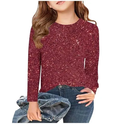 Produktbild: XINYUNZU Langarmshirt Mädchen Glitzer Shirt Rundhals Mode Longsleeve Top Kinder Frühling Herbst Oberteile Outdoor T-Shirt Langarm für Mädchen Blitzangebote Rot 5 Jahre