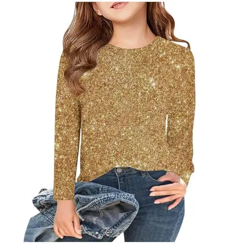 Produktbild: XINYUNZU Langarmshirt Mädchen Glitzer Shirt Rundhals Mode Longsleeve Top Kinder Frühling Herbst Oberteile Outdoor T-Shirt Langarm für Mädchen Angebote Gold 5 Jahre