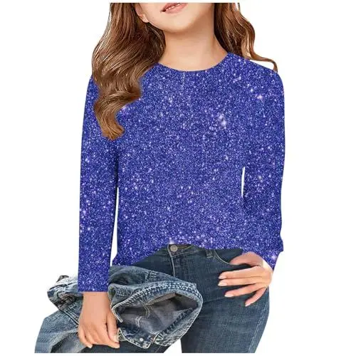 Produktbild: XINYUNZU Langarmshirt Mädchen Glitzer Shirt Rundhals Mode Longsleeve Top Kinder Frühling Herbst Oberteile Outdoor T-Shirt Langarm für Mädchen Outlet Angebote Sale Blau 9 Jahre