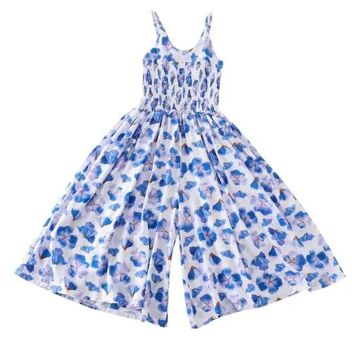 Produktbild: XINYUNZU Mädchen Jumpsuit Spaghettiträger Baumwolle Sommer Overall Ärmellos Lässige Strampler Baggy Hosen Weite Bein Mode Urlaub Jumpsuits für Kinder und Teenager Hellblau 160