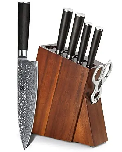 Produktbild: XINZUO Damaststahl 7 Teilig Messerblock Sets-Scharf Profi Küchen Kochmesser Set -Chef Santoku Nakiri Universal Obstmesser-Ergonomischer Pakkaholz Griff-Mit Akazienholz Messerblock und Küchenschere