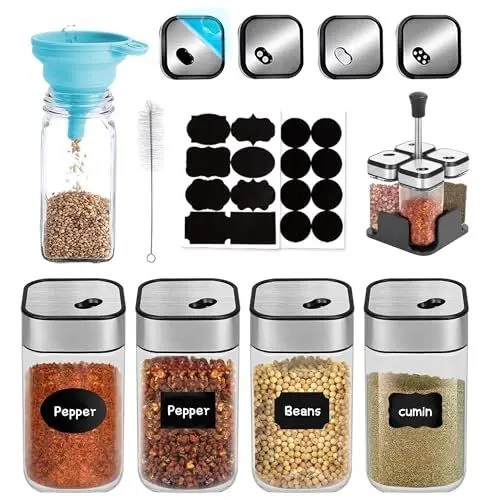 Produktbild: 4 Stück Gewürzgläser Eckig Set mit Edelstahl Drehbarem Gewürzlochdeckel, 100ml Glas Gewürzstreuer mit Etiketten Gewürzbehälter mit Streueinsatz Gewürzdosen Luftdicht, Küche Spice Jars Gewürz Organizer