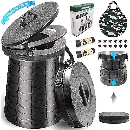 Produktbild: XIUWOUG Campingtoilette Faltbar | Trockentoilette Maximalbelastung 300 Kg | Kompakt Mobile Toilet Φ 38 cm | Camping WC Höhe 8 bis 50 cm | Campingklo Blackout Festivals Garten Reisetoilette
