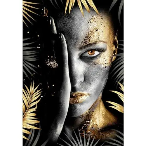 Produktbild: XIUWOUG Leinwand bild Schwarz Gold Afrika Frau - Kunstdruck Wandbilder - Wandkunst - Wandbild mit Abstrakte goldene Pflanzenblätter - Moderne Wand-Deko,E,50x70cm No Frame